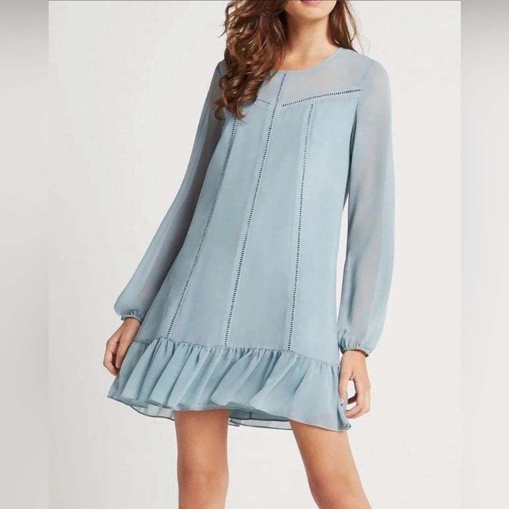 BCBGeneration Dress Womens Sheer Sage Balloon Sleeve Tier Hem Ladder Lace Mini